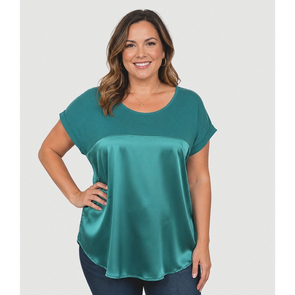MNG Mango Turquoise Green Mixed Media Satin Front Tunic Top Rolled Cap Sleeve XL